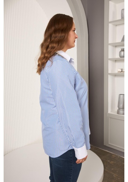 Büyük Beden Garnili Çizgili Gömlek Indigo modelleri