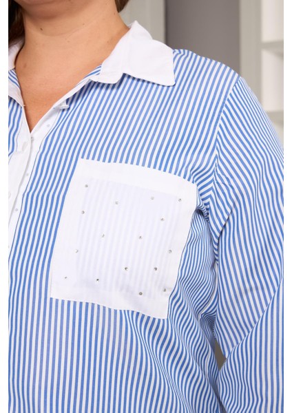 Büyük Beden Garnili Çizgili Gömlek Indigo fırsatları