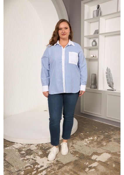 Büyük Beden Garnili Çizgili Gömlek Indigo indirimleri