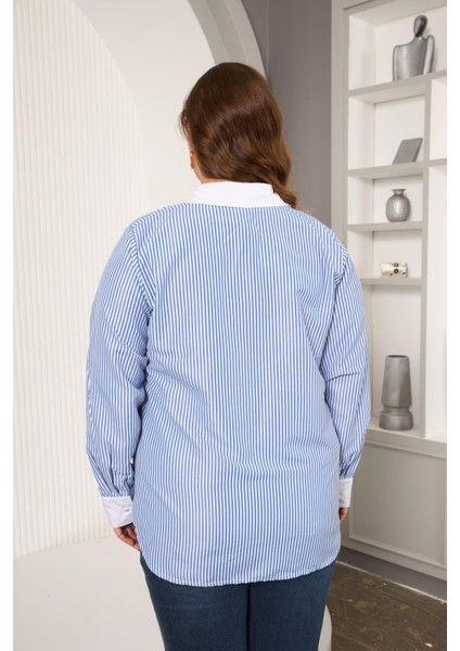 Büyük Beden Garnili Çizgili Gömlek Indigo