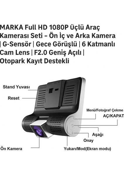 Full Hd 1080P Üçlü Araç Kamerası Ön + Iç + Arka Kamera G-Sensör Geniş Açılı Görüş modelleri