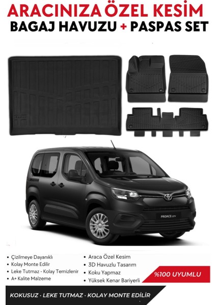 Toyota Proace City 2023 Model Seperatörlü Bagaj Havuzu+Paspas Takımı Full Takım