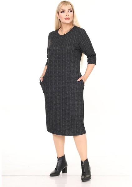 Çift Cepli Desenli Esnek Kışlık Büyük Beden Midi Elbise 11D-2718