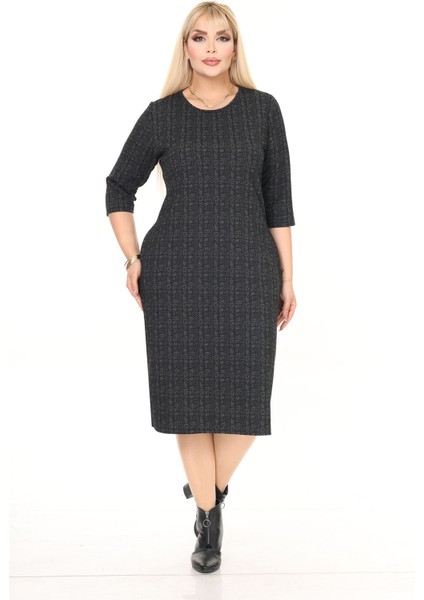 Çift Cepli Desenli Esnek Kışlık Büyük Beden Midi Elbise 11D-2718 fiyatları