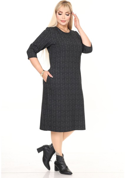 Çift Cepli Desenli Esnek Kışlık Büyük Beden Midi Elbise 11D-2718 modelleri