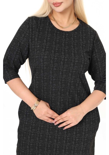 Çift Cepli Desenli Esnek Kışlık Büyük Beden Midi Elbise 11D-2718 fırsatları