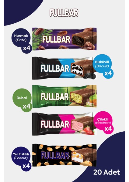 Mini Mix Atıştırmalık Bar Çikolata 240 gr (Dubai,yer Fıstığı,bisküvi,hurma,çilek) 5 Çeşit - 20 Adet fiyatları