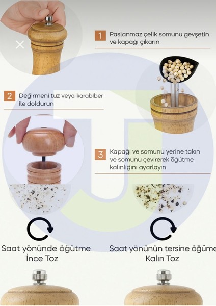 Doğal Ahşap 16 cm Baharat Öğütücü Değirmeni 2 Adet – Ayarlanabilir Öğütme Mekanizmalı modelleri