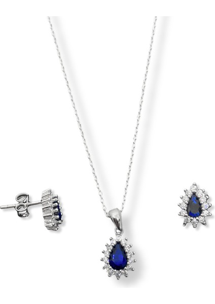 Minimal Safir Taşlı Damla Gümüş Kadın Kolye Küpe Set