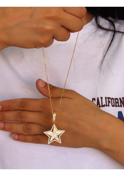 Zirkon Taşlı Yıldız Model Gold Kaplama 925 Ayar Gümüş Kadın Kolye 201024695