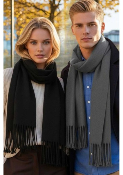 Unisex Yumuşak Dokulu Püsküllü Kışlık Buklet Atkı Şal 2'li Set