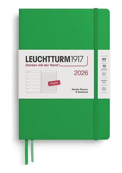 LEUCHTTURM1917 Orta Boy (A5) 12 Aylık Ajanda ve Not Defteri (Çizgili) 2026 Sert Kapak, Ingilizce, Spring LEAF372657