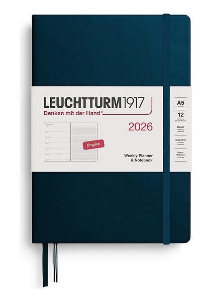 LEUCHTTURM1917 Orta Boy (A5) 12 Aylık Ajanda ve Not Defteri (Çizgili) 2026 Sert Kapak, Ingilizce, Deep SEA372659