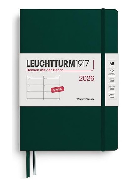 LEUCHTTURM1917 Orta Boy (A5) 12 Aylık Haftalık Ajanda 2026 Sert Kapak, Ingilizce, Forest GREEN372711