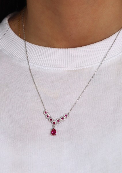 Yakut Taşlı Damla Tasarım 925 Ayar Gümüş Kadın Kolye 201024692 indirimleri