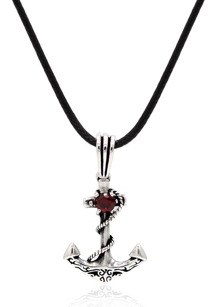 Yakut Taşlı Denizci Çapası Tasarım 925 Ayar Gümüş Erkek Kolye 201024603