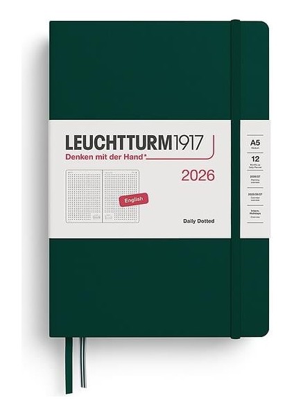 LEUCHTTURM1917 Orta Boy (A5) 12 Aylık Günlük Ajanda (Noktalı) 2026 Sert Kapak, Ingilizce, Forest GREEN372783