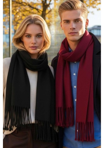 Unisex Yumuşak Dokulu Püsküllü Kışlık Buklet Atkı Şal 2'li Set