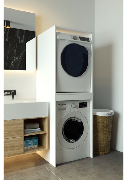 Lavanta Çamaşır ve Kurutma Makinesi Dolabı Çamaşır Sepeti Çekmeceli Banyo Dolabı Beyaz