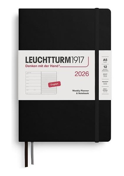 LEUCHTTURM1917 Orta Boy (A5) 12 Aylık Ajanda ve Not Defteri (Çizgili) 2026 Sert Kapak, Ingilizce, Siyah 372650