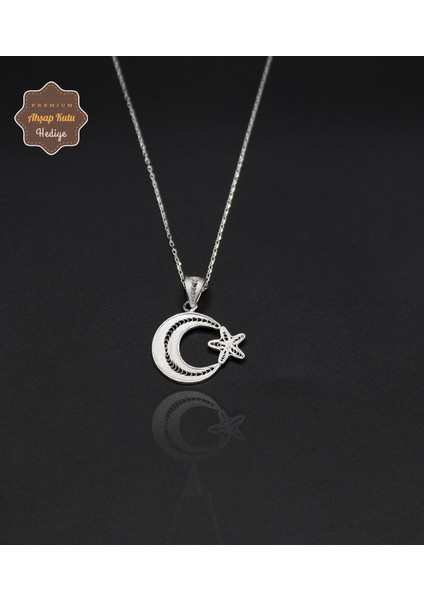 Ay Yıldız Orta Boy Model 925 Ayar Saf Gümüş Telkari Kadın Kolye 201024645