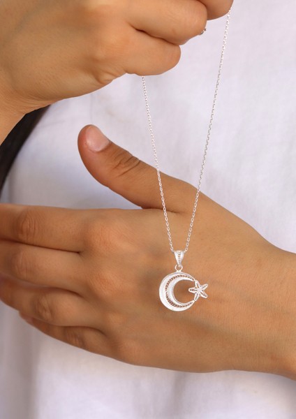 Ay Yıldız Orta Boy Model 925 Ayar Saf Gümüş Telkari Kadın Kolye 201024645 fiyatları