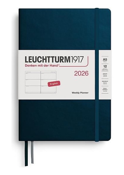 LEUCHTTURM1917 Orta Boy (A5) 12 Aylık Haftalık Ajanda 2026 Sert Kapak, Ingilizce, Deep SEA372712