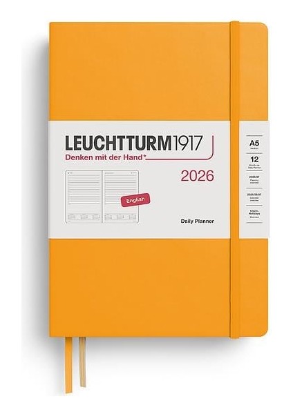 LEUCHTTURM1917 Orta Boy (A5) 12 Aylık Günlük Ajanda (Çizgili) 2026 Sert Kapak, Ingilizce, Rising Sun 372774