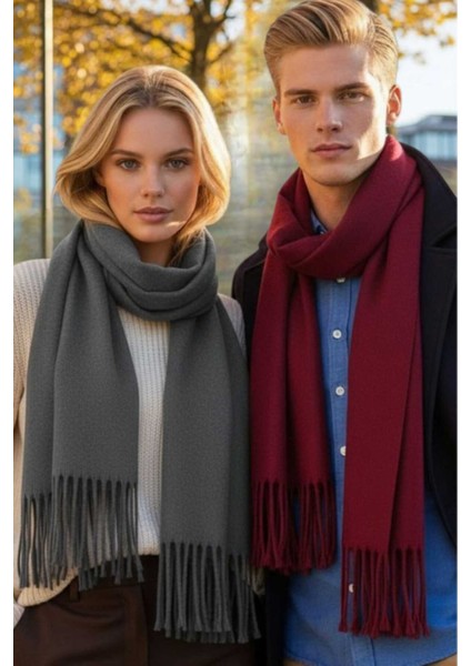 Unisex Yumuşak Dokulu Püsküllü Kışlık Buklet Atkı Şal 2'li Set