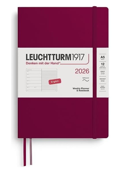 LEUCHTTURM1917 Orta Boy (A5) 12 Aylık Ajanda ve Not Defteri (Çizgili) 2026 Yumuşak Kapak, Ingilizce, Port RED372674