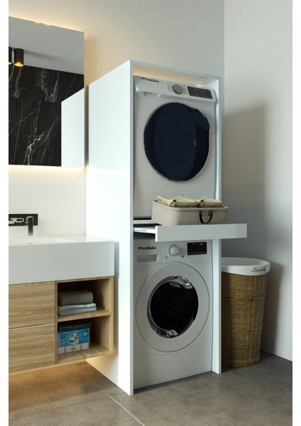 Lavanta Çamaşır ve Kurutma Makinesi Dolabı Çamaşır Sepeti Çekmeceli Banyo Dolabı Beyaz modelleri