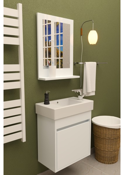 Lavanta Çamaşır ve Kurutma Makinesi Dolabı Çamaşır Sepeti Çekmeceli Banyo Dolabı Beyaz