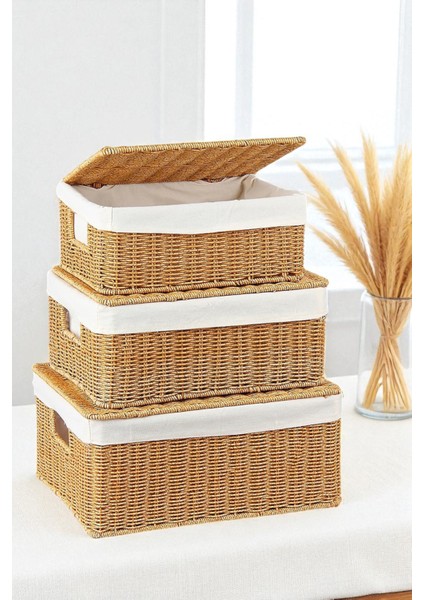 3’lü Kapaklı Hasır Organizer Sepet- 1376