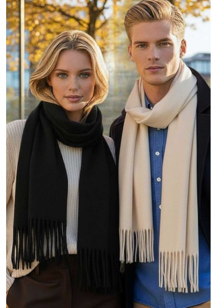 Unisex Yumuşak Dokulu Püsküllü Kışlık Buklet Atkı Şal 2'li Set