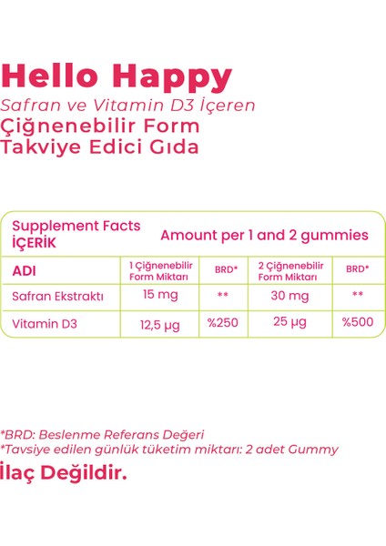 Hello Happy | Safran ve Vitamin D3 Içeren Çiğnenebilir Takviye Edici Gıda (60 Gummies) indirimleri