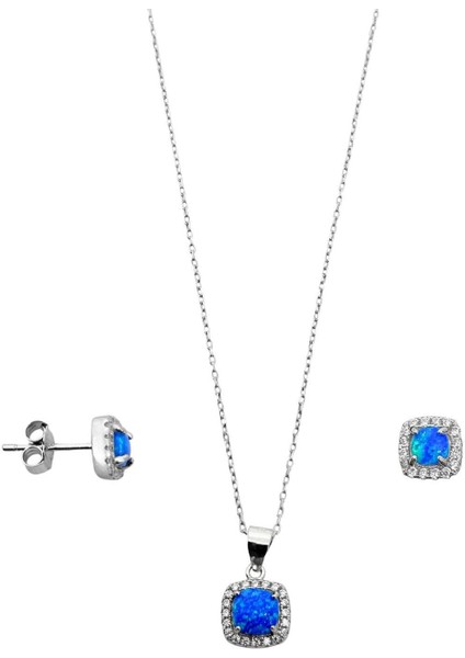 Mini Kare Beyaz Işıltı Çevrili Opal Gümüş Kadın Kolye Küpe Set
