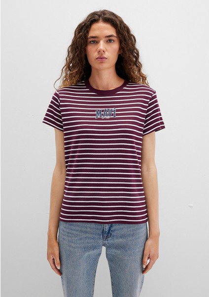 Mavi Logo Baskılı Çizgili Bordo Tişört 1613562-87982