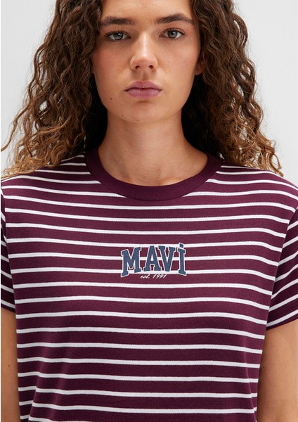 Mavi Logo Baskılı Çizgili Bordo Tişört 1613562-87982