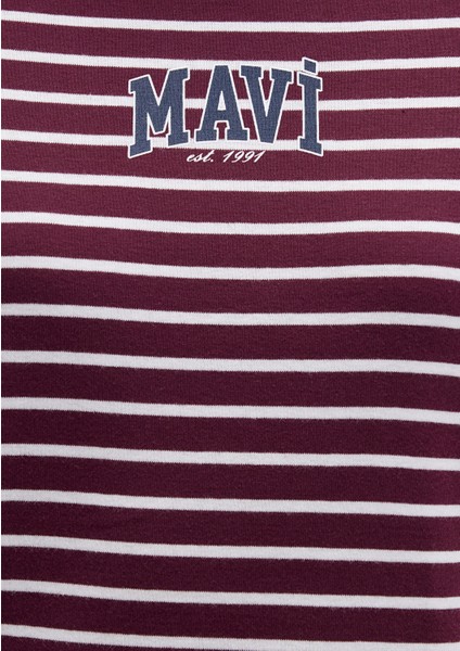 Mavi Logo Baskılı Çizgili Bordo Tişört 1613562-87982