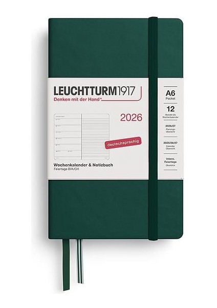 LEUCHTTURM1917 Cep Boy (A6) 12 Aylık Ajanda ve Not Defteri (Çizgili) 2026 Sert Kapak, Ingilizce, Forest GREEN372668