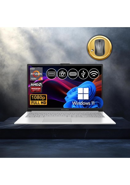 Vivobook Go 15 RYZEN5-7520U 8gb 512GB Nvme SSD E1504FA-BQ1741 ATL21 15.6" WIN11PRO Notebook+Mouse