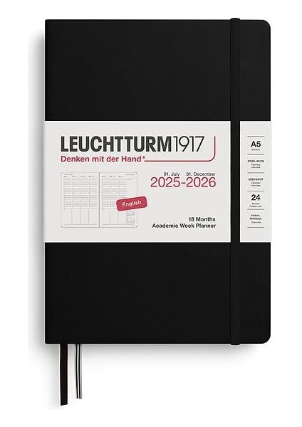 LEUCHTTURM1917 Orta Boy (A5) Akademik 18 Aylık Hafta Ajandası 2026 Sert Kapak, Ingilizce, Siyah 372815