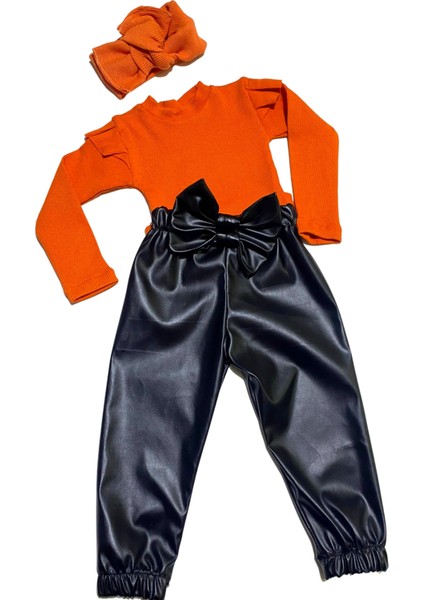 kız Çocuk, 3 Lü Set Siyah Deri Fiyonk Detaylı Pantolon, Turuncu Omuzu Fırfırlı Badi ve Saç Bandı Takımı. indirimleri