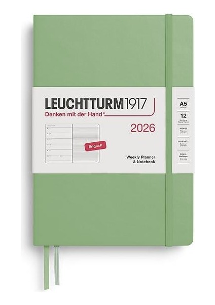 LEUCHTTURM1917 Orta Boy (A5) 12 Aylık Ajanda ve Not Defteri (Çizgili) 2026 Sert Kapak, İNGILIZCE,SAGE372656