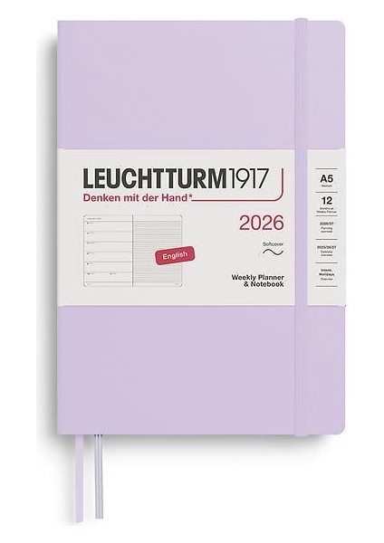 LEUCHTTURM1917 Orta Boy (A5) 12 Aylık Ajanda ve Not Defteri (Çizgili) 2026 Yumuşak Kapak, Ingilizce, LILAC372672