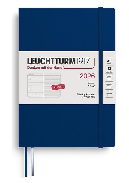 LEUCHTTURM1917 Orta Boy (A5) 12 Aylık Ajanda ve Not Defteri (Çizgili) 2026 Yumuşak Kapak, Ingilizce, Navy 372682