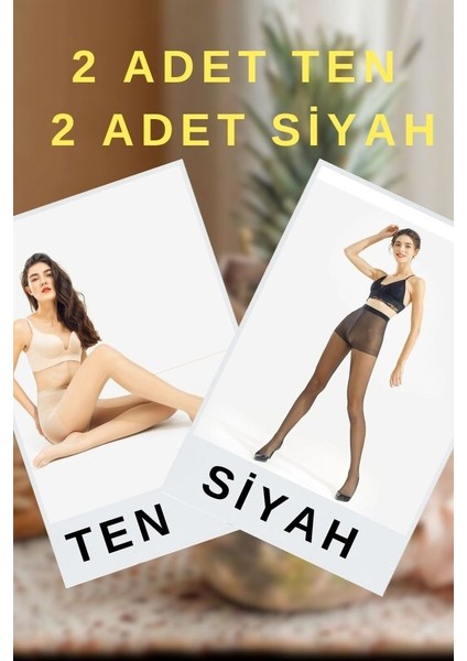 Akrilik Toparlayıcı Ultra Dayanıklı Kaçmaz Ince Külotlu Çorap 2-Ten 2-Siyah 4'lü Set