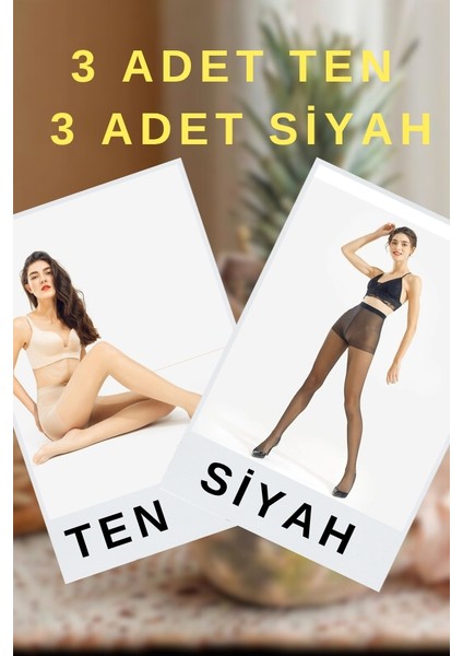 Akrilik Toparlayıcı Ultra Dayanıklı Kaçmaz Ince Külotlu Çorap 3-Ten 3-Siyah 6'lı Set