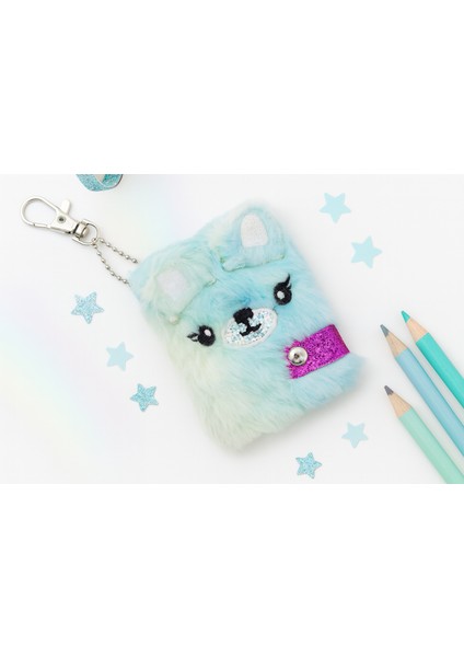 Mini Peluş Kapak Defter 11X8 cm – Anahtarlıklı Mavi Tasarım, Yumuşak Tüylü Kaplama 60 Yaprak
