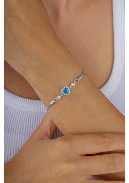 Aqua Taşlı Kalp Gümüş Su Yolu Bileklik
